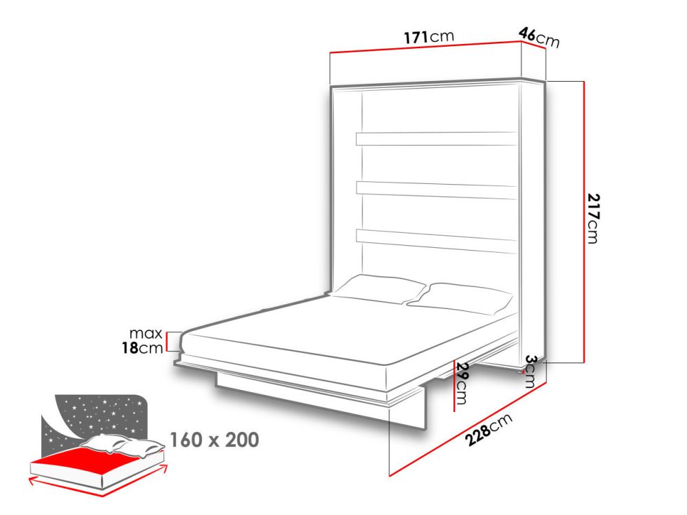 מיטה זוגית מתקפלת לקיר 160X200 דגם BC-12