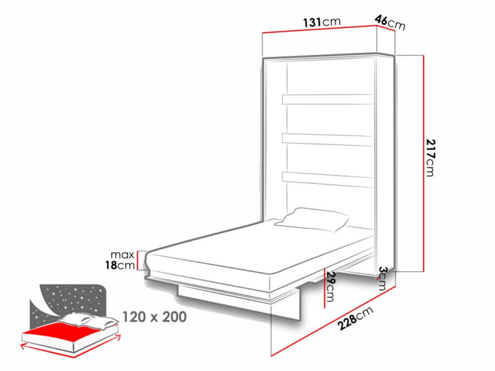 מיטת יחיד מתקפלת לקיר 120X200 דגם BC-02