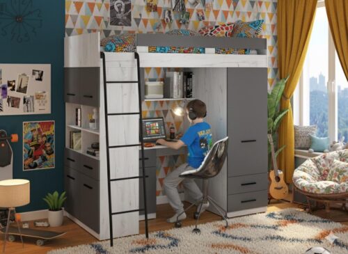 מיטת גלריה עם שולחן כתיבה וארון דגם Level