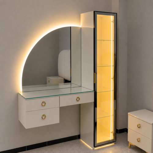 שידת איפור יוקרתית עם ויטרינת לד – דגם Monaco Glass