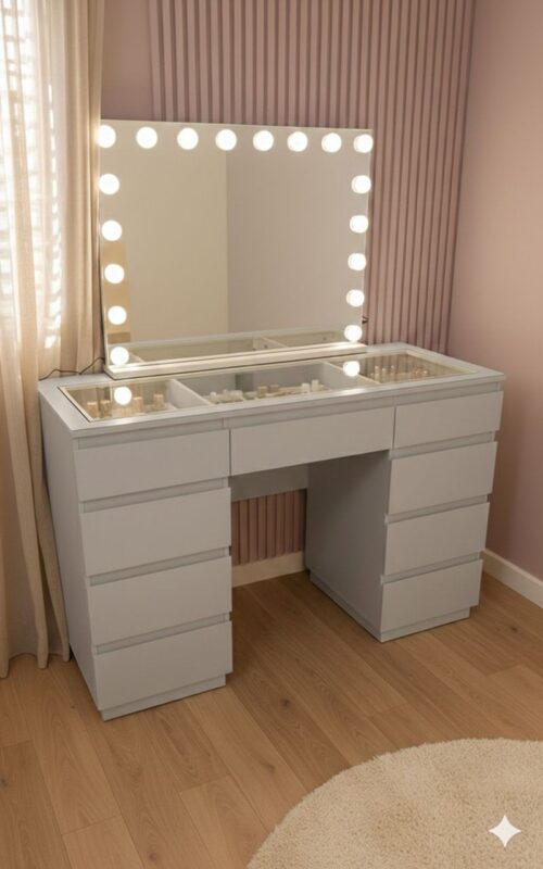 שידת איפור עם מראה ותאורת זכוכית - דגם לינוי בהתאמה אישית